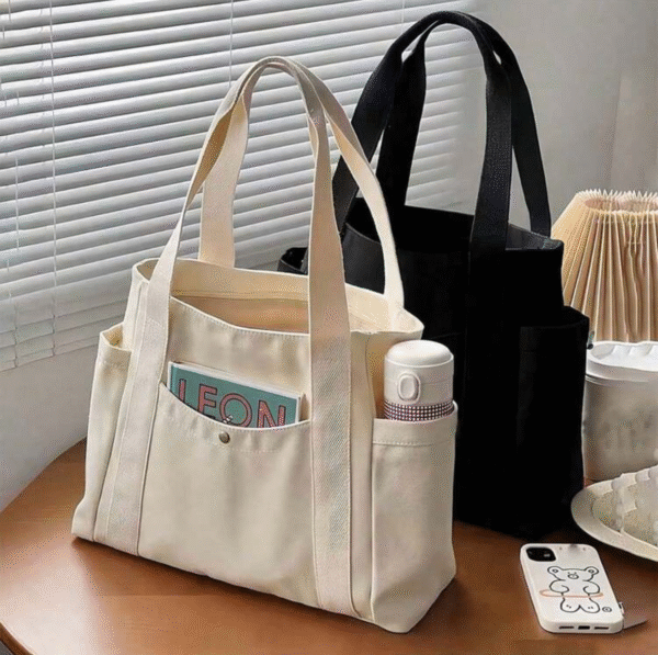 Sac cabas en toile 40 × 35 cm – multi-poches & anses confort