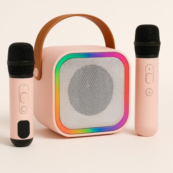 Baffle karaoké sans fil – Avec 2 micros, Bluetooth, lumières LED et poignée portable
