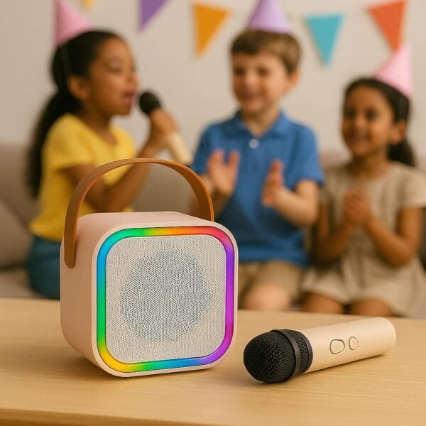 Baffle karaoké sans fil – Avec 2 micros, Bluetooth, lumières LED et poignée portable