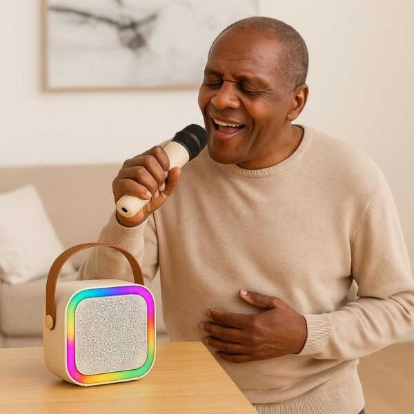 Baffle karaoké sans fil – Avec 2 micros, Bluetooth, lumières LED et poignée portable