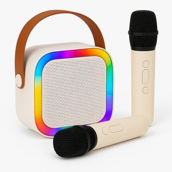 Baffle karaoké sans fil – Avec 2 micros, Bluetooth, lumières LED et poignée portable