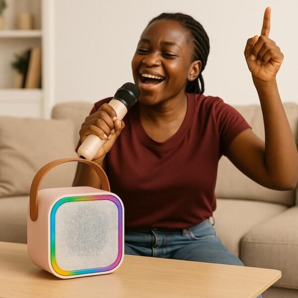 Baffle karaoké sans fil – Avec 2 micros, Bluetooth, lumières LED et poignée portable
