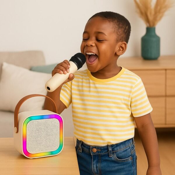 Baffle karaoké sans fil – Avec 2 micros, Bluetooth, lumières LED et poignée portable