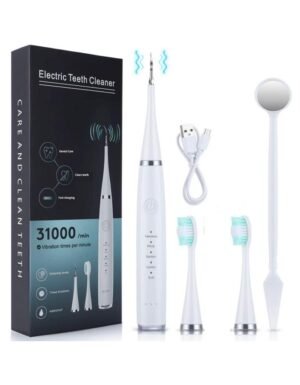 Brosse à dents électrique blanche – Détrartante, détachante, avec 3 têtes interchangeables + câble USB