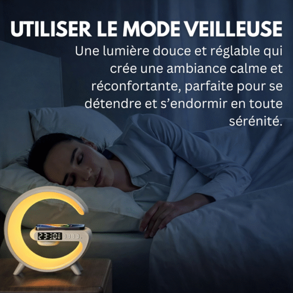 Enceinte Bluetooth G63 4-en-1 : Veilleuse LED, Réveil Digital, Chargeur Sans Fil Rapide 15W & Haut-parleur Stéréo
