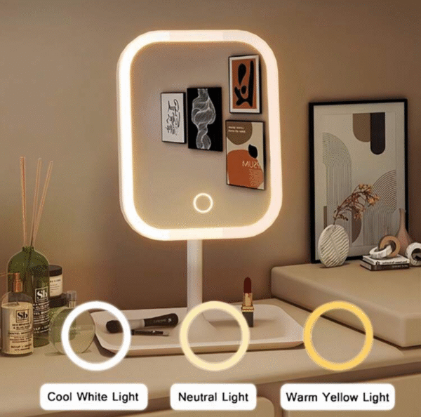 Miroir de Maquillage LED Dimmable 3 Couleurs – Miroir de Bureau Rotatif 270°, Tactile, Rechargeable USB avec Plateau de Rangement