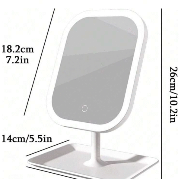 Miroir de Maquillage LED Dimmable 3 Couleurs – Miroir de Bureau Rotatif 270°, Tactile, Rechargeable USB avec Plateau de Rangement
