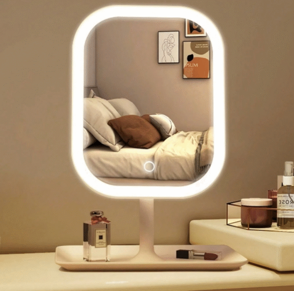 Miroir de Maquillage LED Dimmable 3 Couleurs – Miroir de Bureau Rotatif 270°, Tactile, Rechargeable USB avec Plateau de Rangement