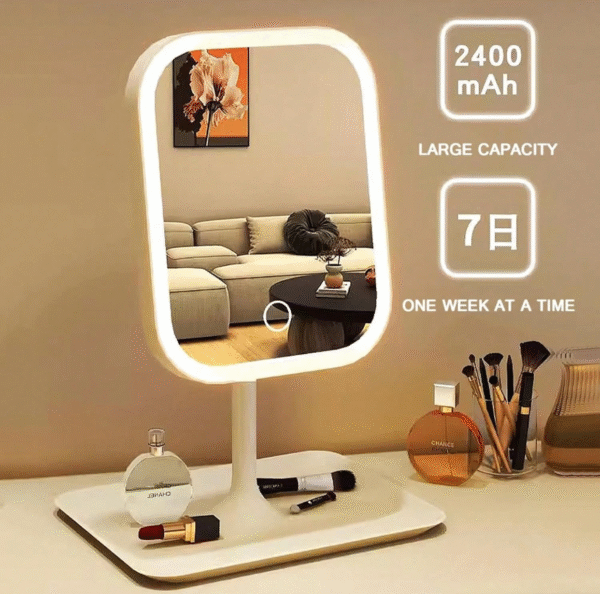 Miroir de Maquillage LED Dimmable 3 Couleurs – Miroir de Bureau Rotatif 270°, Tactile, Rechargeable USB avec Plateau de Rangement