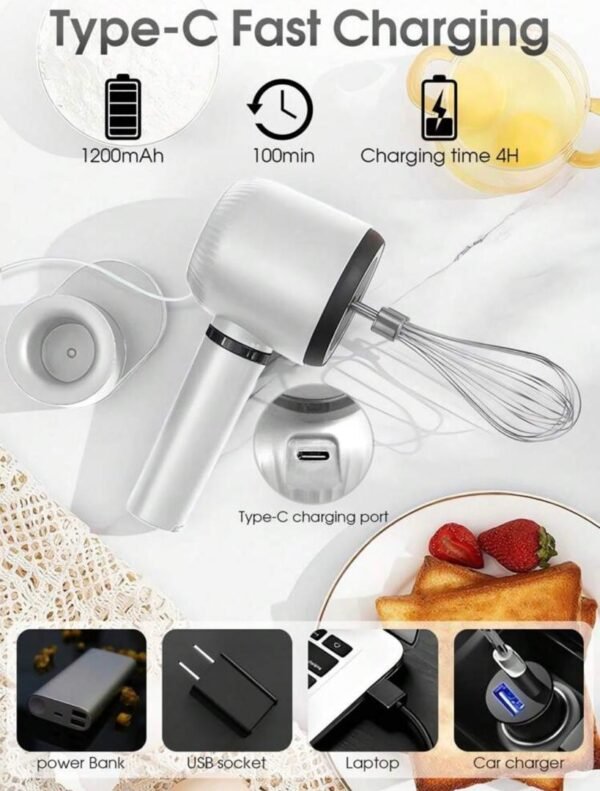 Batteur électrique sans fil rechargeable – Double fouet inox, 3 vitesses