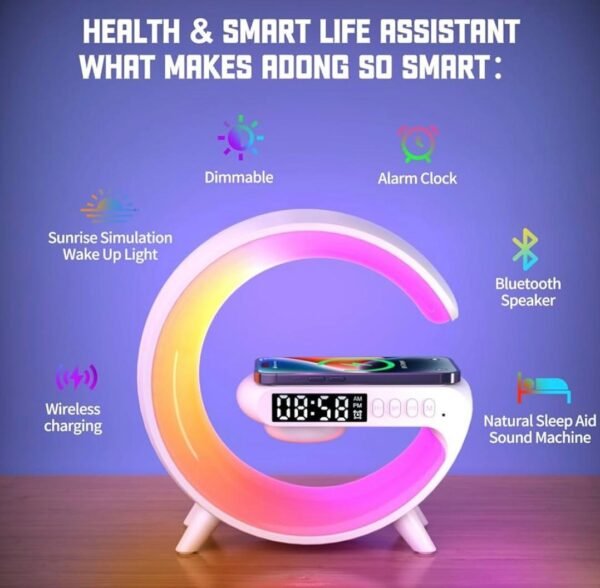 Enceinte Bluetooth G63 4-en-1 : Veilleuse LED, Réveil Digital, Chargeur Sans Fil Rapide 15W & Haut-parleur Stéréo