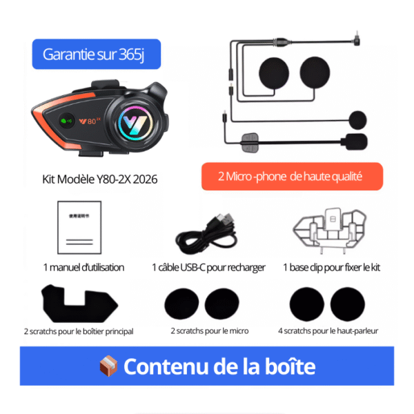 Intercom Bluetooth Y80-2X pour Casque de Moto – Sans Fil, Étanche, Appels, Musique & GPS VOICE