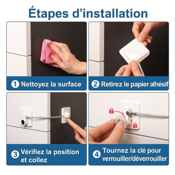Verrou de Sécurité avec Câble & Clé – Bloque-Fenêtre / Porte / Armoire – Anti-Ouverture & Sécurité Enfant