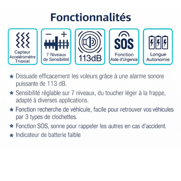 Alarme antivol intelligente sans fil multi-usage – 113 dB, étanche IP65